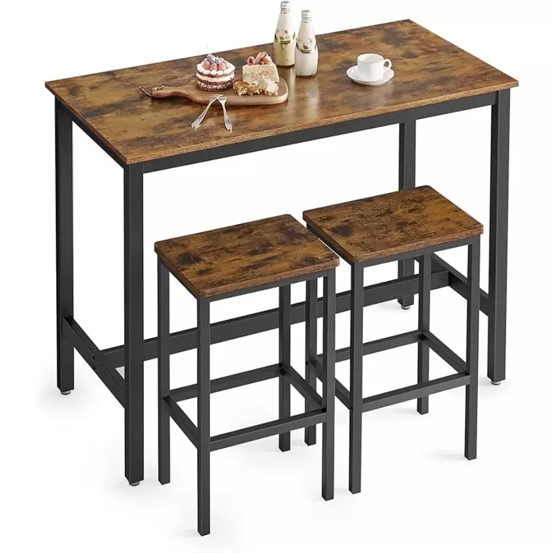 ชุดโต๊ะบาร์ที่มี2เก้าอี้สตูล, ชุดโต๊ะ, สีน้ำตาลและสีดำแบบชนบท