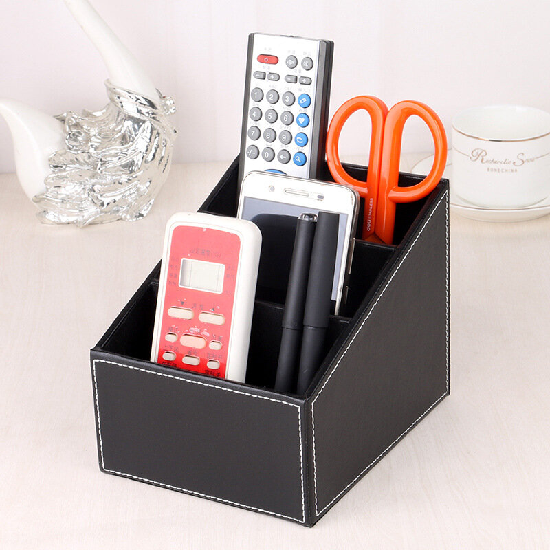 Organizador de cuero Pu de 5 rejillas, soporte para teléfono y Tv, caja de almacenamiento de escritorio, cepillo de cosméticos, Control remoto
