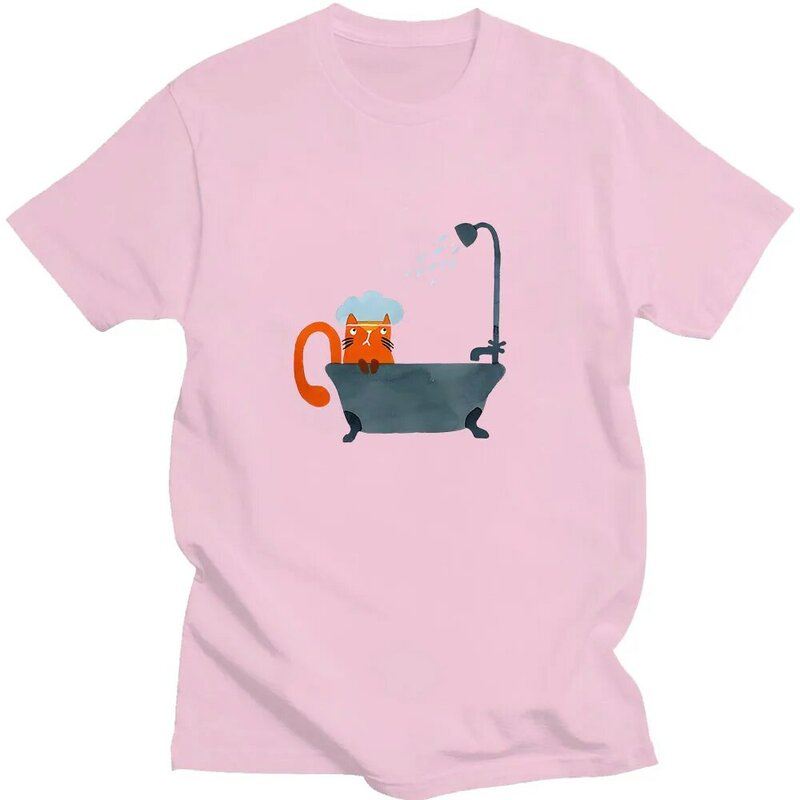 Cat Shower T-shirt Short Sleeve Cute 100% Cotton High Quality Tee-shirt Anime Print Cartoon Tshirt Roupas Femininas Kawaii Tees