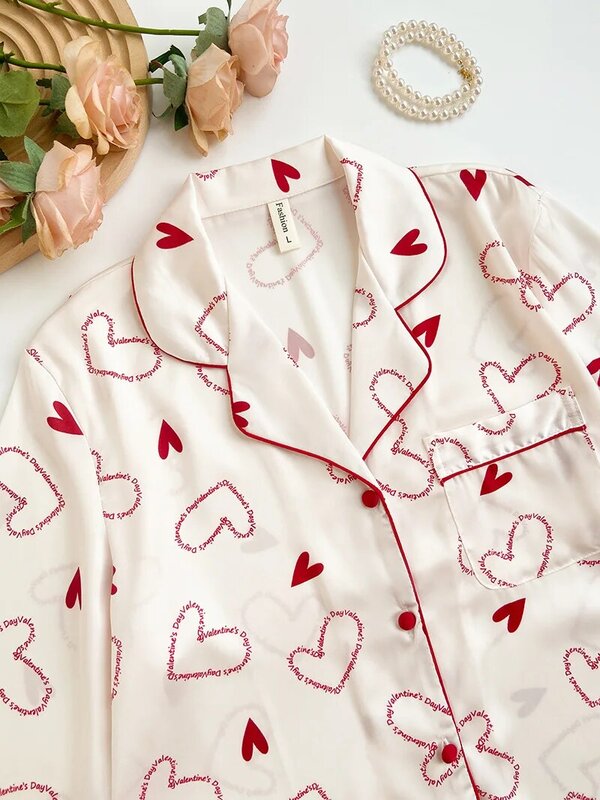 Dorywczo oddychająca damska piżama z długimi rękawami zestaw lodowy jedwab miłości słodki odzież domowa outdoor ins stylowe zestaw piżamy