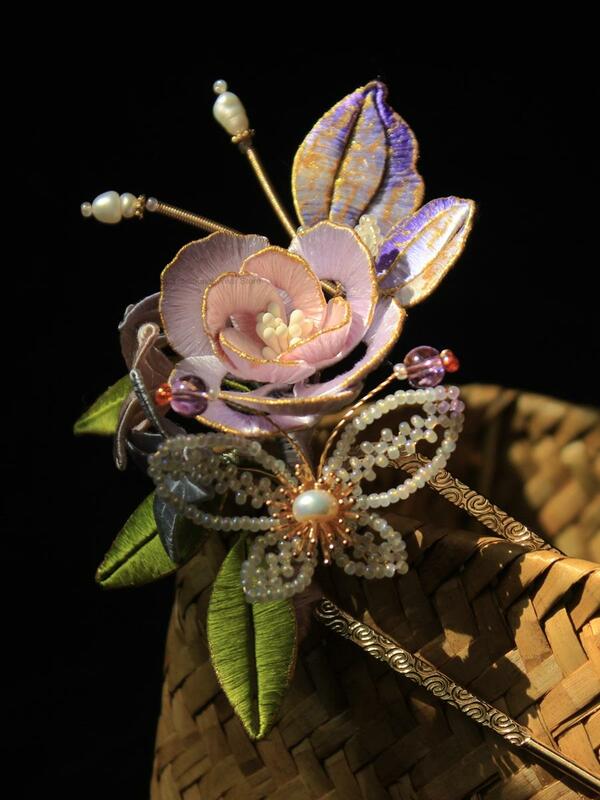 Tocado Retro chino Hanfu, horquilla de mariposa de flor púrpura, accesorios Hanfu antiguos, accesorios de borlas hechos a mano, horquilla