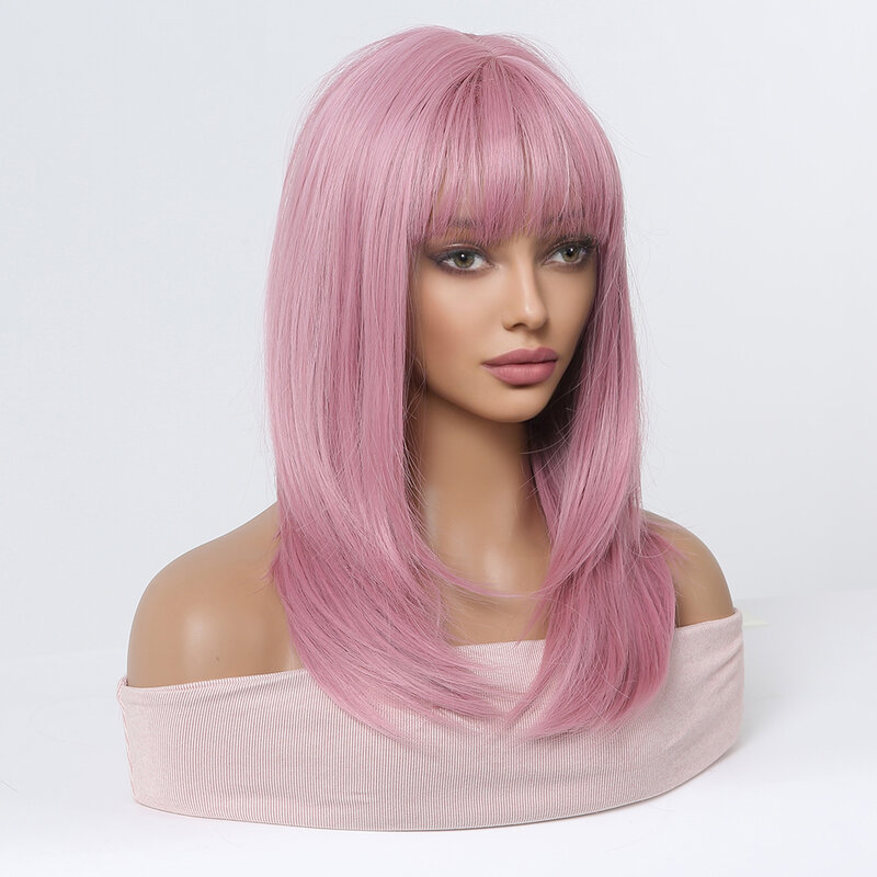 متوسطة الوردي مستقيم الطبقات الاصطناعية شعر مستعار مع بانج الملونة الشعر الطبيعي للنساء اليومية حزب تأثيري الباروكات مقاومة للحرارة