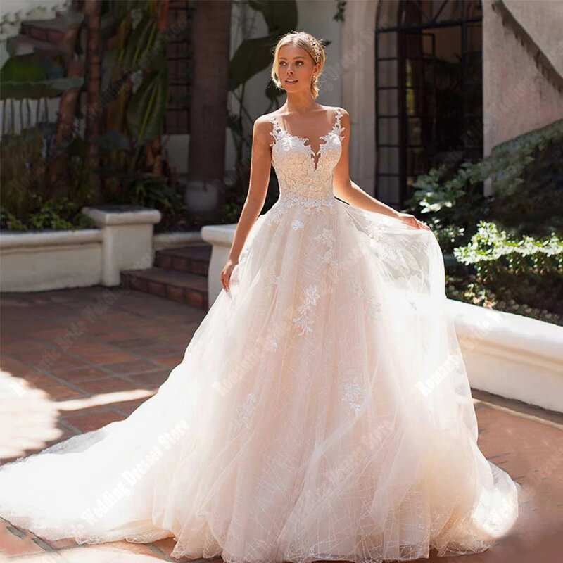 Elegant  Deep-V Women Wedding Dresses Glitter Tulle Bridal Gowns New A Line Flower Shoulder Straps Princess Vestidos De Novias
