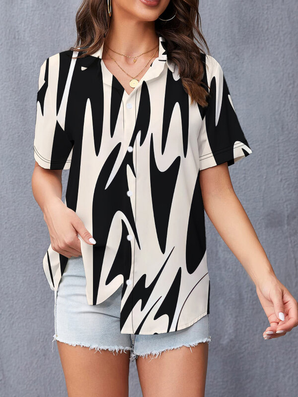 Kemeja kasual mode wanita musim panas hitam dan putih kaus cetak digital 3D pribadi nyaman temperamen