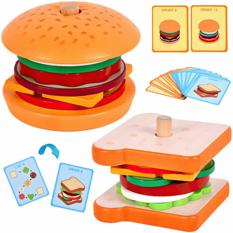 Wooden Burger Sandwich Stacking Toys for Kids Play Food Toy for Toddlers Preschool Kitchen Toys to Develop Fine Motor Skill Gift
