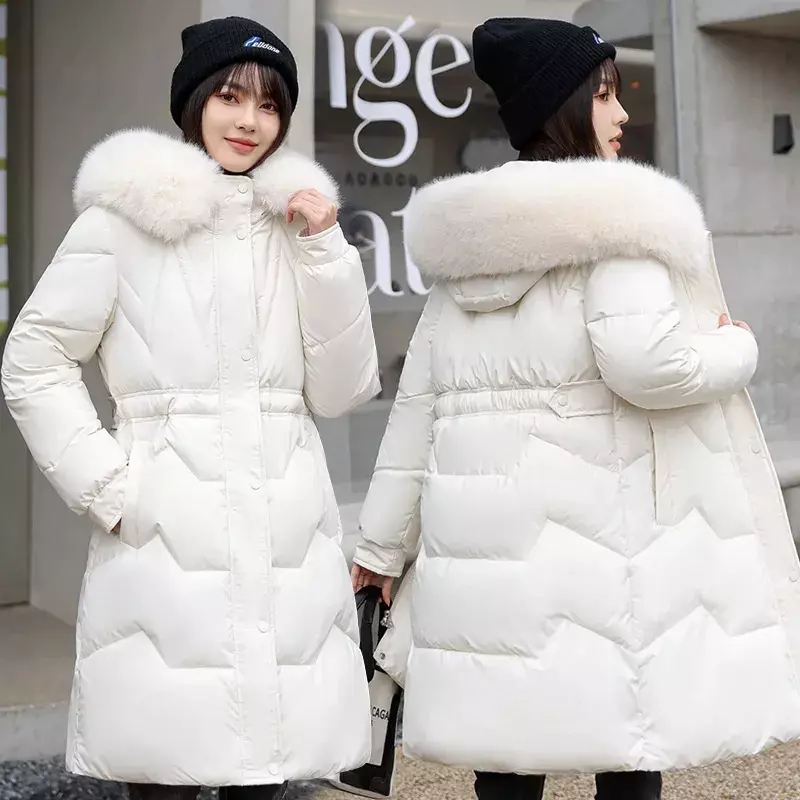 Jaqueta de algodão com capuz para mulheres, colarinho grande de pele, parkas de inverno, casaco grosso, casacos longos, acolchoados na moda, R241, 2023, Novo