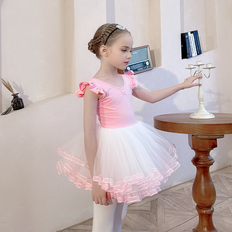 Trykoty baletowe dla dziewczynki maluch krótki rękaw z falbanką tiul taniec 4 warstwy tancerz strój rytmiczny gimnastyka body sukienka Skate