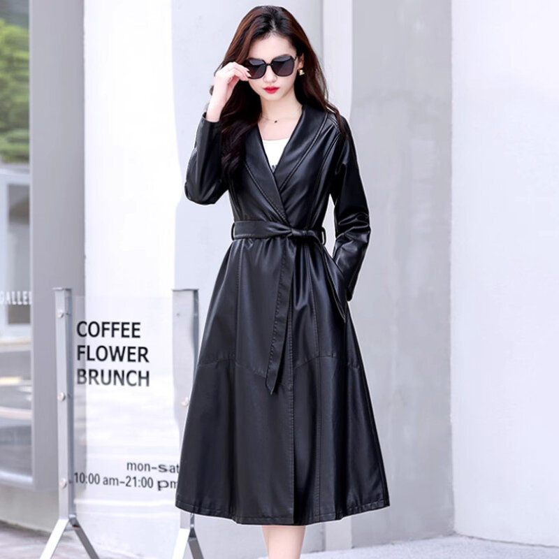 New Women Leather Trench Coat Spring Autumn Fashion Turn-down Collar Lace-up Slim Long Sheepskin Coat Casual Split Leather Coat