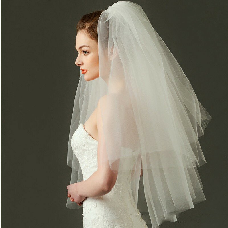 Aksesori rambut pengantin pernikahan sederhana Tulle putih gading Multi lapisan kerudung pengantin tepi pita aksesori pengantin 70cm kerudung wanita