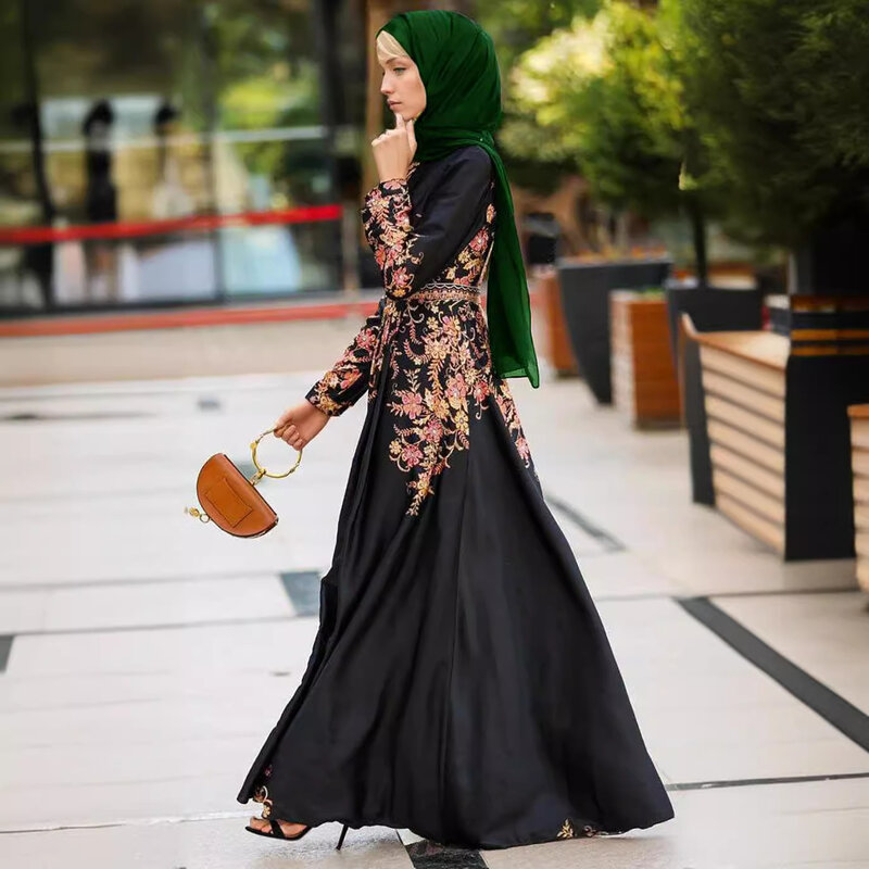 Muzułmańska luksusowa moda damska czarna szata kwiatowa sukienka Maxi pozycjonująca sukienka w kwiaty bliskowschodni islamska arabska długa sukienka