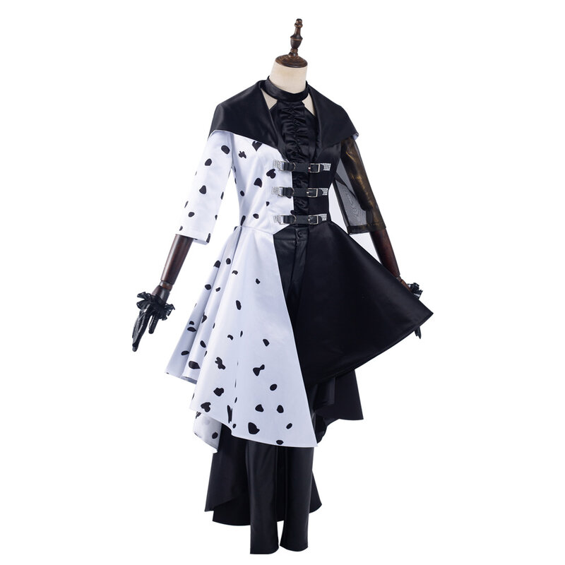 Cruella Cosplay Kostüm Erwachsene Frauen Fantasy Mantel Kleid Perücke Outfits Halloween Karneval Verkleidung Anzug
