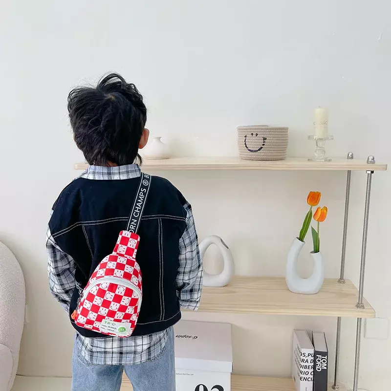 Корейская детская сумка через плечо с улыбкой, винтажная клетчатая маленькая квадратная сумка-мессенджер для мальчиков и девочек