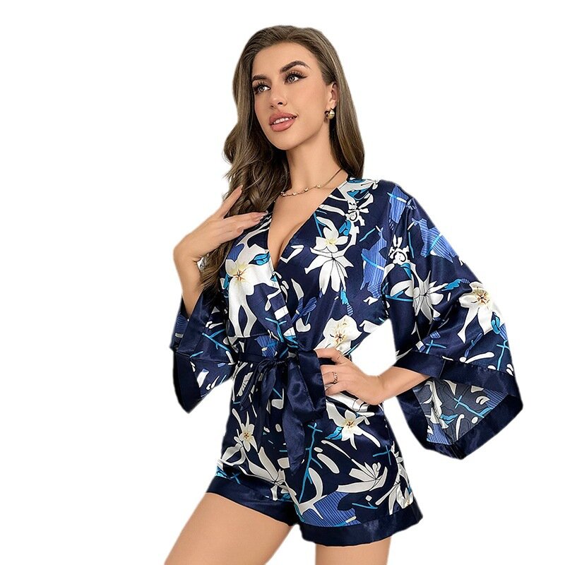 Spring Summer Satin Shorts Pijamas Suit Print Flower Women Jumpsuit Pajamas Sleepwear Loose Casual Home Clothes Lounge Wear