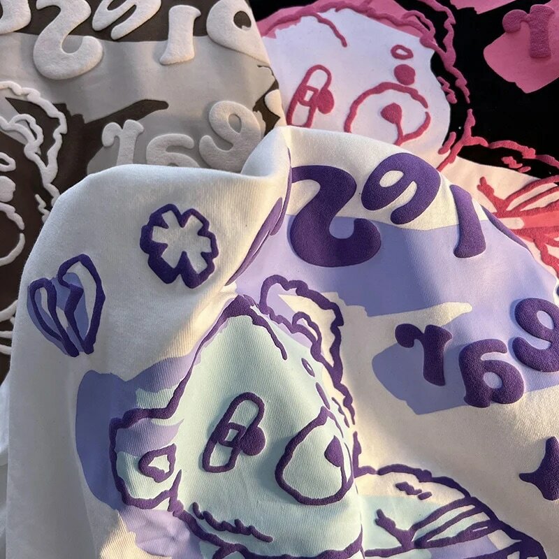 Urso t camisa do sexo feminino americano retro oversize algodão manga curta ins maré dos desenhos animados graffiti gordura camiseta superior para mulher harajuku