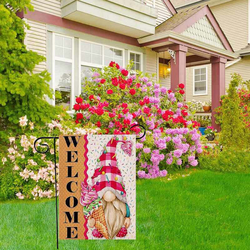 Drapeau de jardin imprimé double face multicolore, sans mât, automation estivale, pastèque, abeille, glace, nain, 1 pièce