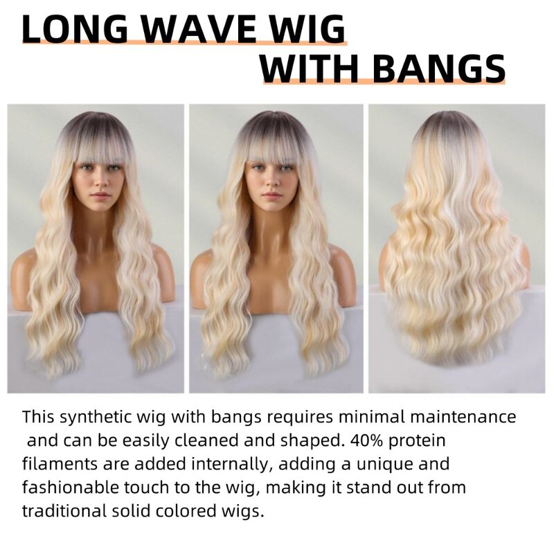 bangs and chemical fibre Long Brown Ombre Blonde Wavy Wig for Women Wear and Go Glueless Wigs Long Wavy Synthetic Wig