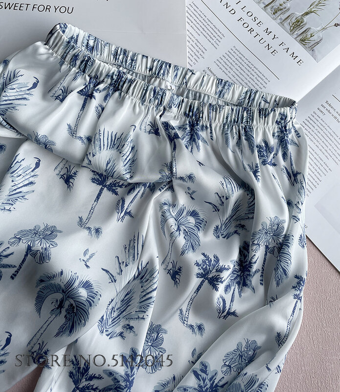 Springs Summer Women Sleepwar Pajamas Set Printed Nightwear 2PCS Trouser Suits Loose Casual Silk Satin Home Clothes Lounge Wear