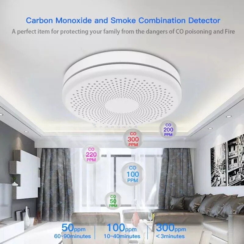 Tuya-Détecteur intelligent de monoxyde de carbone et de fumée, Wi-Fi, notification en temps réel, capteur d'alarme incendie