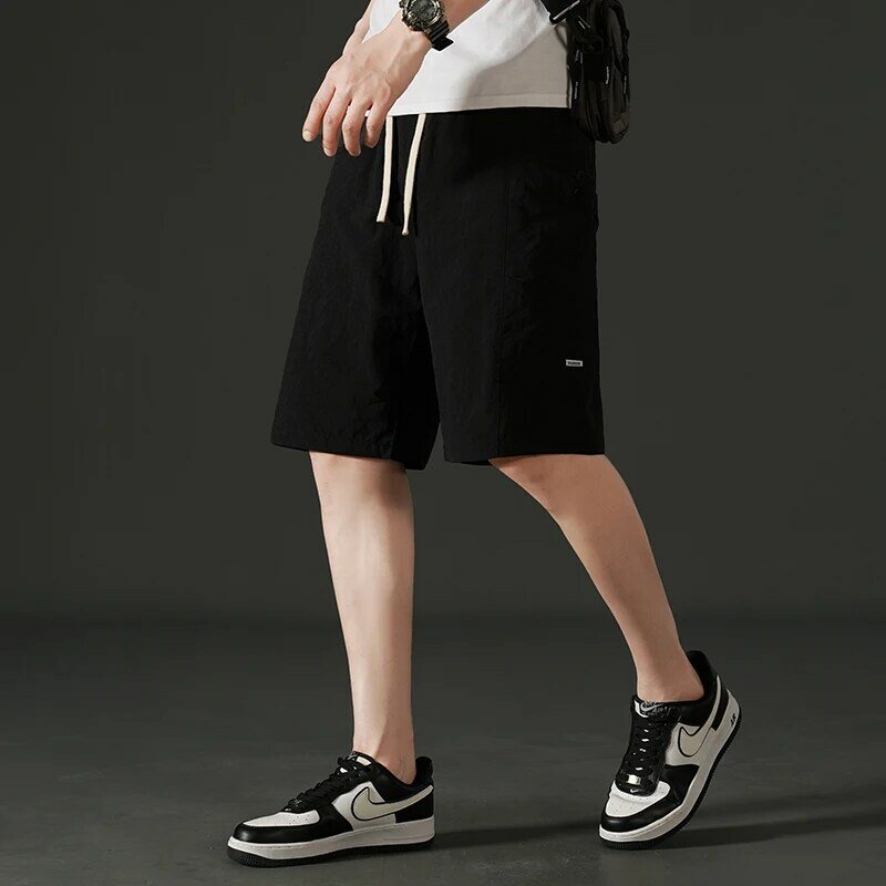 남성용 신축성 있는 레이스업 포켓 캐주얼 반바지, 루즈한 올매치 스트레이트 무릎 반바지, 단색 의류, 2024 여름 신상 패션