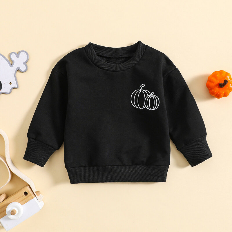 0-3Years Toddler Boys Girls Halloween Sweatshirts Black Long Sleeve Pumpkin Letter Print Pullover Crew Neck Tops Kids T-shirts