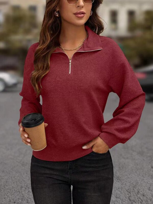 Sweater wanita tekstur rajut, baju hangat longgar lengan panjang ritsleting kain tekstur rajut baru musim gugur/dingin 2024