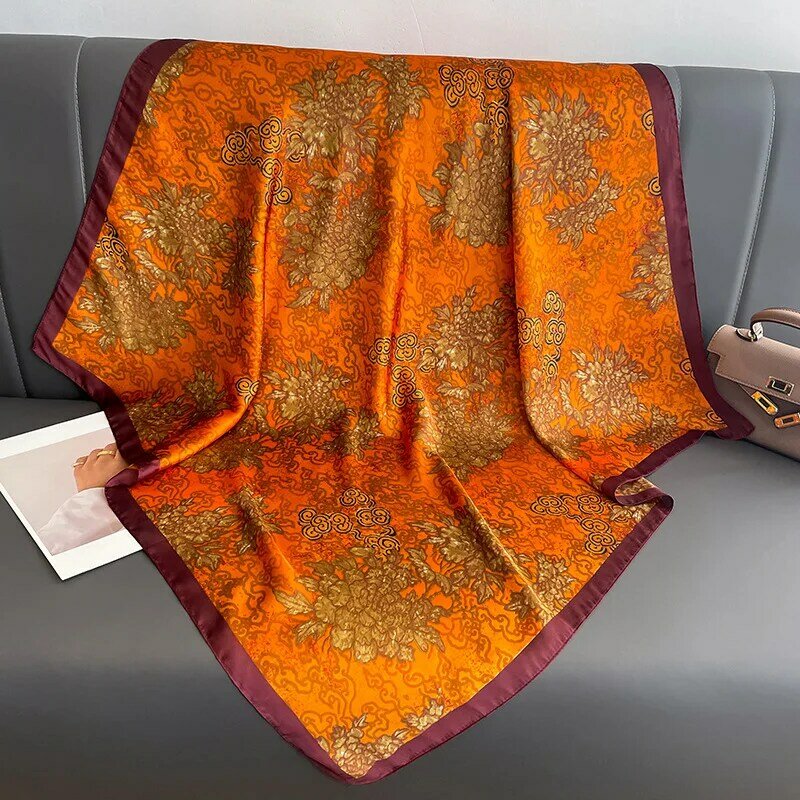 New Orange Bandana 90CM Large Square Scarf Silk Feeling Neckerchief Double-Sided Prints Womens Fashion Silk Shawl Cape
