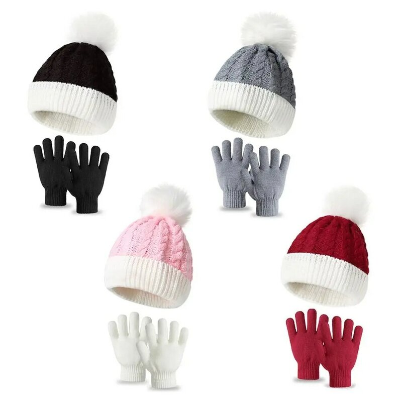 Ensemble de gants chauds coupe-vent pour enfants, bonnets d'extérieur, bonnet, bonnet, bonnet, pompon, protection des oreilles, filles, garçons, hiver, 2 pièces, ensemble