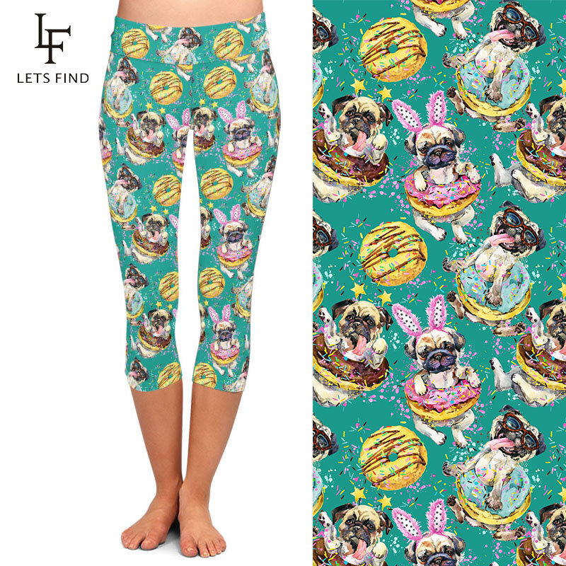 Letsfind bonito cachorro e donuts imprimir mulheres capri leggings de cintura alta aptidão elástica macio magro leggings