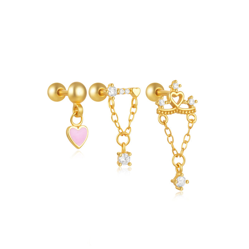 LENNIK 1PC 925 Sterling Silver Puncture Earrings Love/Crown Color Diamond Zircon Women Tassel Chain Earring Fine Jewelry Gift