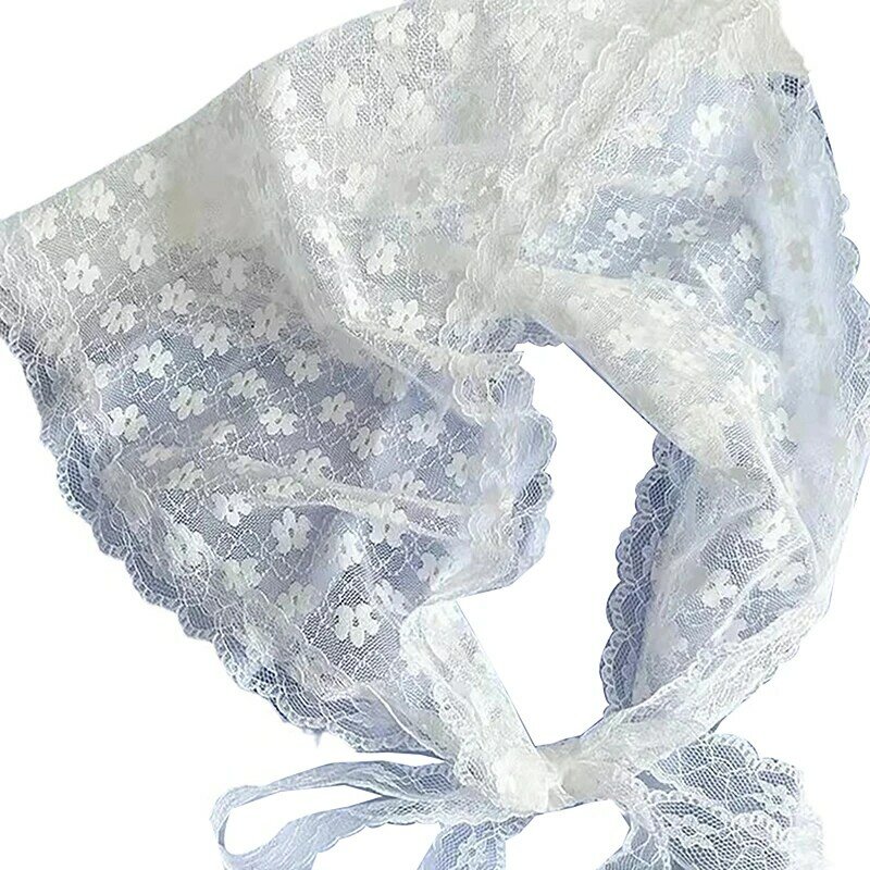Syal kepala rambut ikat wanita, aksesori pakaian syal segitiga renda putih bunga segitiga musim panas