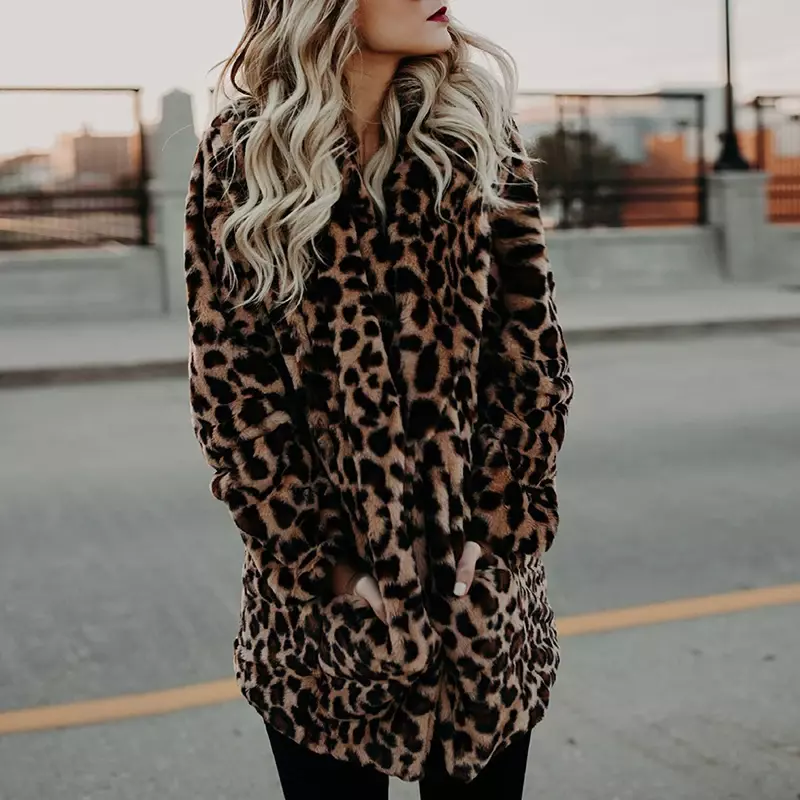 Luxury Leopard Print Faux Fur Coat Women Winter Thick Warm Fashion Long Sleeve Outerwear Artificial Fur Jacket Plush Clothing