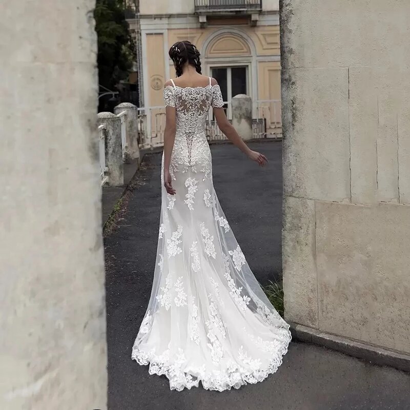 I OD Elegant V-Neck Mermaid Wedding Dress Spaghetti Straps Applique Illusion Button Floor Length Bridal Gown Vestidos De Novia