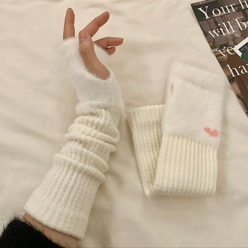 Soft Fleece Long Fingerless Arm Warmer Gloves Winter Warm Plush Half Finger Mittens Women Y2K Solid Knitted Glove Sleeves