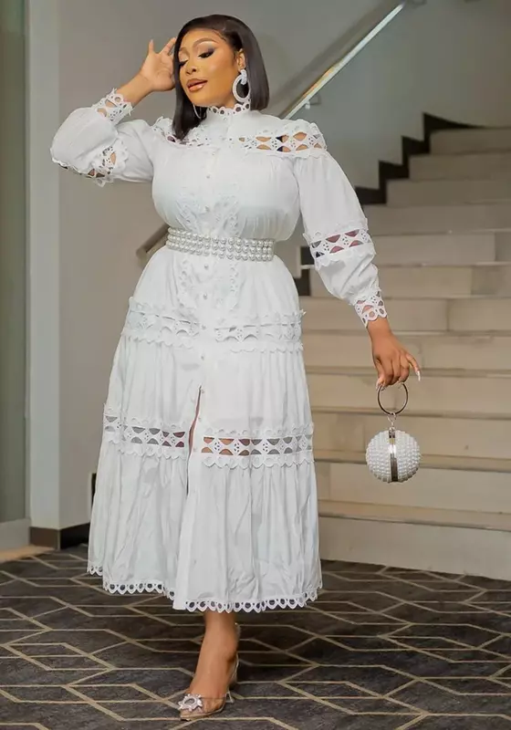 Vestido feminino bordado de baile branco sólido, roupa de outono, oco, peito único, manga longa, vestidos midi, 2020