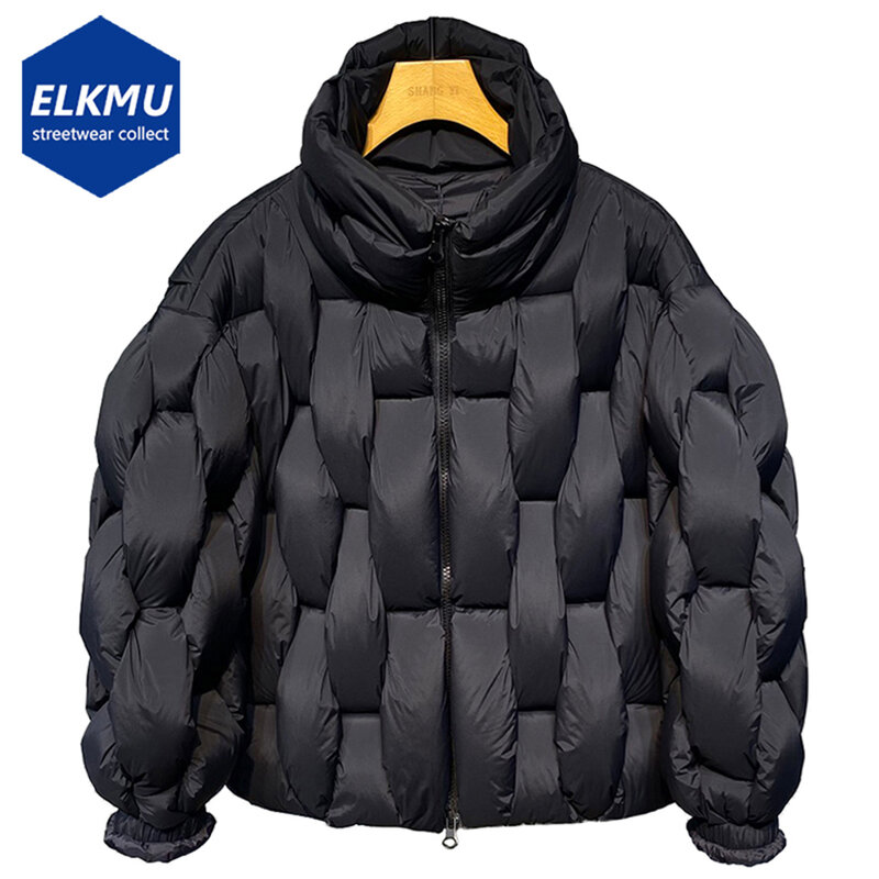 Парка мужская зимняя с подкладкой, модная роскошная дизайнерская теплая куртка с квадратным переплетением и высоким воротником, черная свободная пуховая куртка