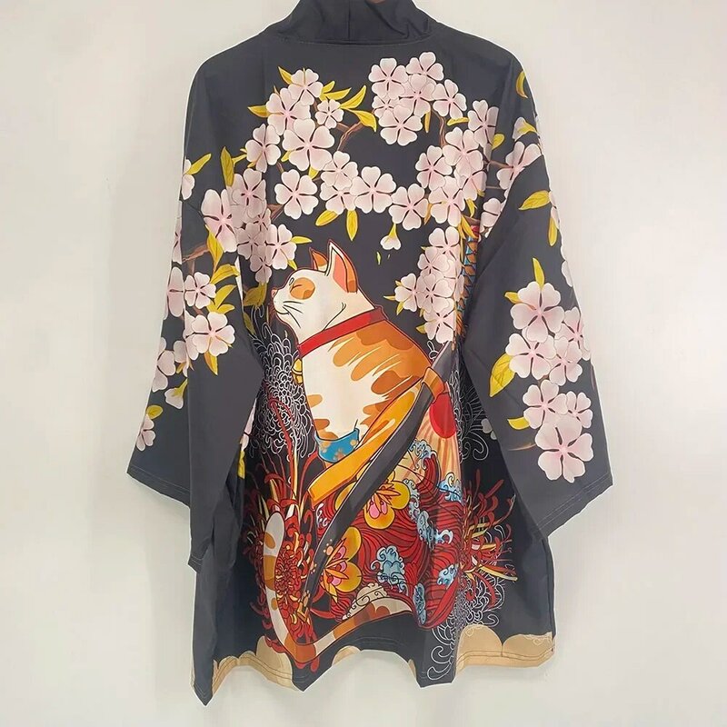 Quimono japonês de gato para homens e mulheres, Yukata, camisa samurai, Haori tradicional, cardigan Harajuku, roupas para adultos