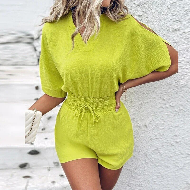 Casual Women Cold Shoulder Slim Shorts Jumpsuit Office Lady V-neck Slim Playsuit Overall Elegant New Solid Drawstring One Piece