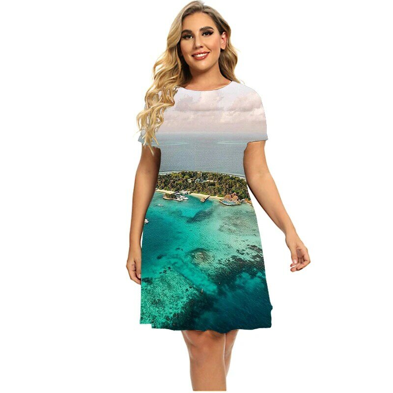 ทิวทัศน์มัลดีฟส์ชุด2023ฤดูร้อนแฟชั่นแขนสั้น Casual Beach ชุดหลวมพลัสขนาดเสื้อผ้าผู้หญิง6XL