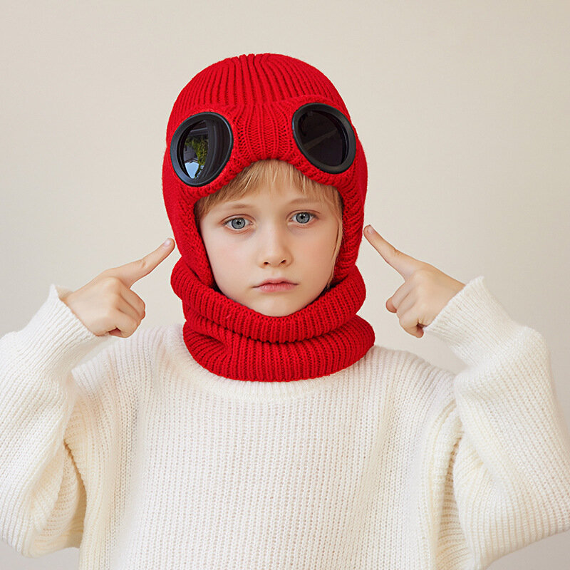 Детская Зимняя Теплая Шапка-бини и шарф из шерстяной пряжи с очками
