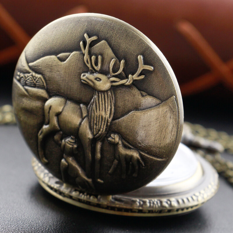 Animal Elk Embossed Quartz Pocket Watch with Chain Men's and Women's Vintage Charm Steampunk Pendant Necklace Clock Cf1027