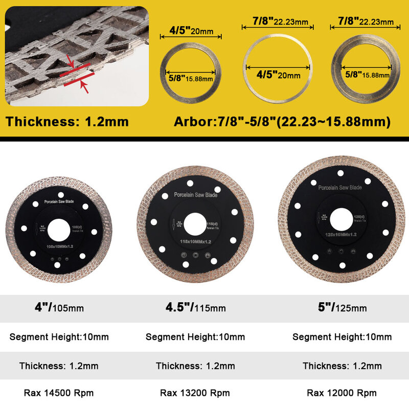 105/115mm/125mm hot sintered continuous rim turbo super thin diamond porcelain saw blade for cutting porcelain or ceramics tiles
