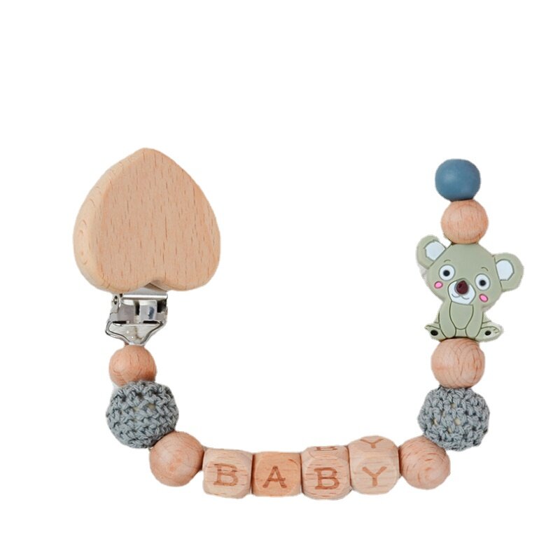 Personalizzato inglese legno di faggio Silicone lettera nome bambino Koala supporto per ciuccio clip catene masticare giocattolo massaggiagengive catena ciucci per bambini