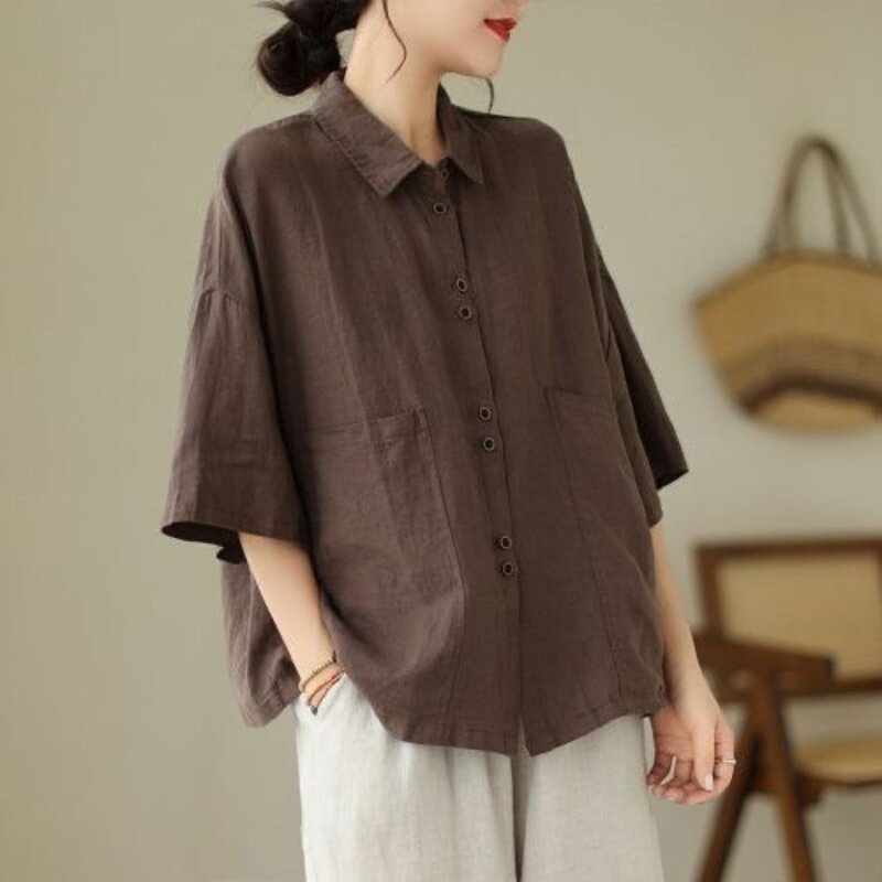 Chemise à manches courtes à boutonnage simple pour femmes, col HempPolo en coton rétro, poches boutonnées solides, mode décontractée, été