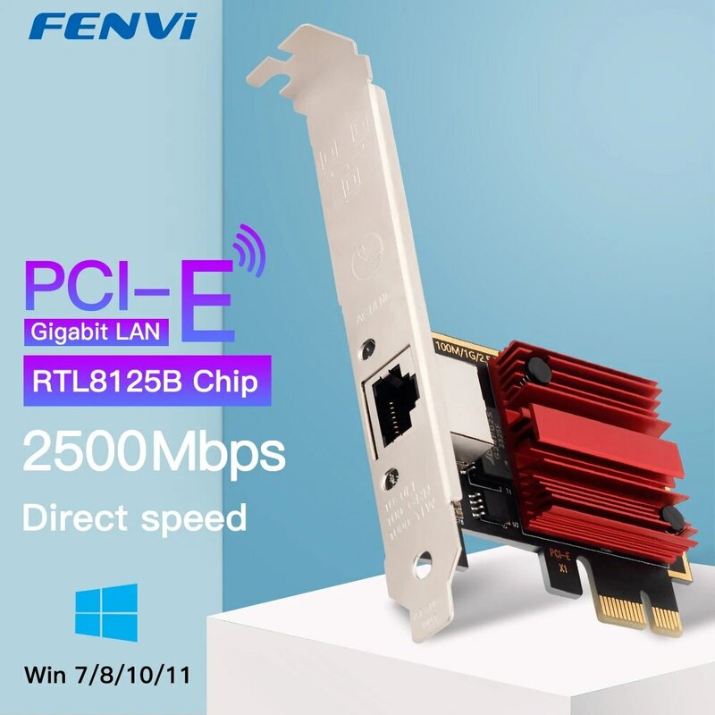 Placa de rede Ethernet FENVI, Adaptador controlador LAN com fio, PCI-E para RJ45, Chip RTL8125B, 100 Mbps, 1000Mbps, 2.5Gbps, Windows 7, 8, 10, 11, 2.5G