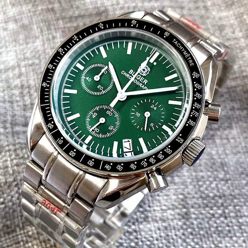 Сталь Спорт Луна Япония VK63 скоростной хронограф кварцевые часы для мужчин зеленый серый циферблат три глаза циферблат вафельный ремешок бизнес часы