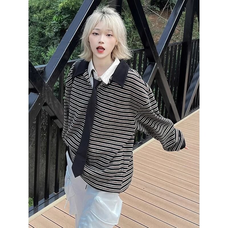 Harajuku Vintage Sweatshirt Striped Fake Two Pieces Polo Collar Y2K Tops Women Streetwear Long-sleeved Korean Fashion Pullover