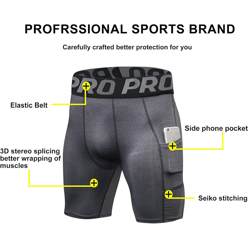Shorts de ginástica com bolsos para homens, leggings de compressão, cuecas boxer poliéster, calças justas esportivas de basquete