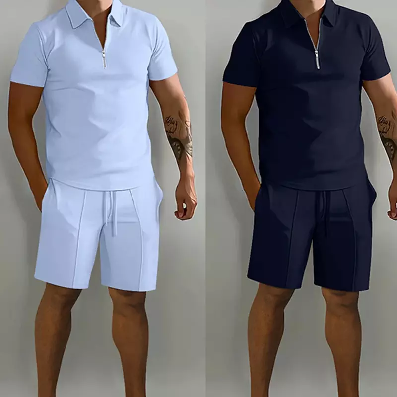 Chándal informal de Color sólido para hombre, conjunto deportivo de 2 piezas, camiseta Polo de manga corta y pantalones cortos deportivos, moda de verano