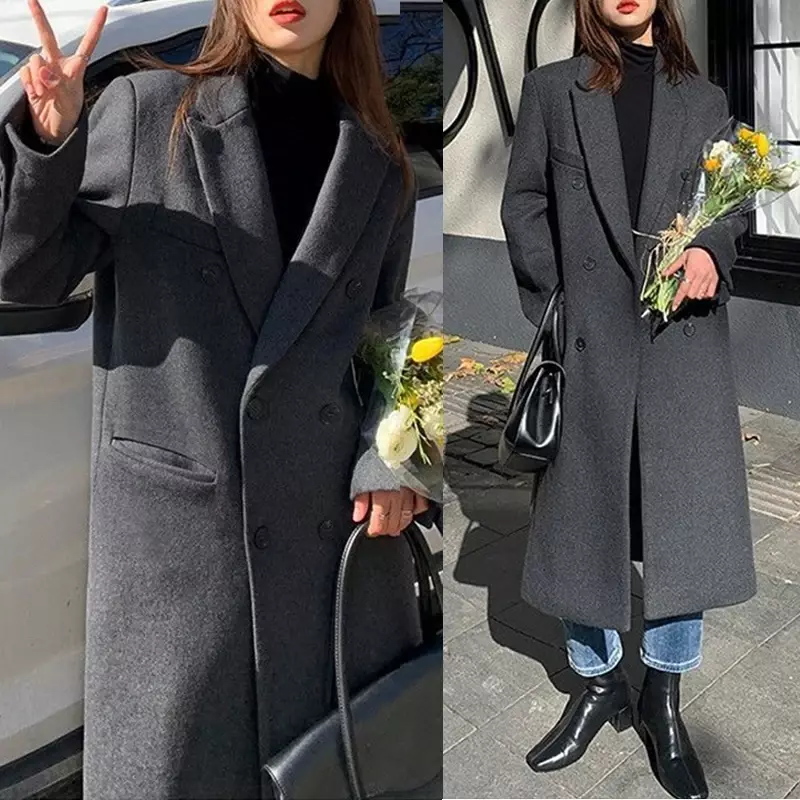 Casaco solto de trespassado duplo feminino, casaco de lã de comprimento médio, retrô clássico, alta qualidade, coreano, outono inverno, 2022