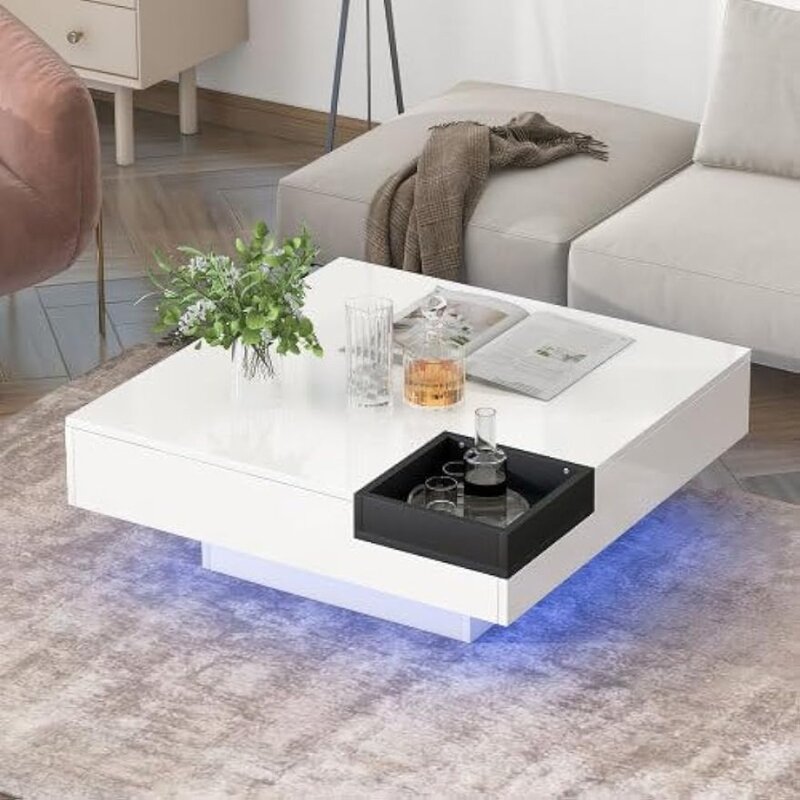 Mesa de centro de diseño minimalista moderno, bandeja extraíble y enchufable, tira de luz LED de 16 colores, control remoto para sala de estar, blanco